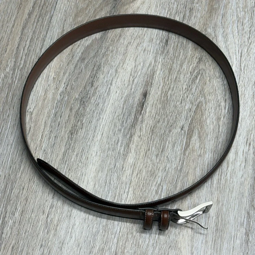 Perry Ellis Dress Belt Mens 38/95 Brown Bonded Leather Silver Buckle